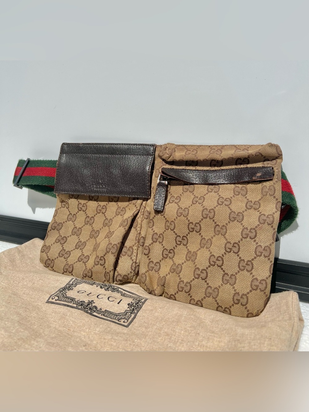 GUCCI GG Canvas Sherry Fanny Pack Belted Waist Bag Beige Leather Vintage Unisex